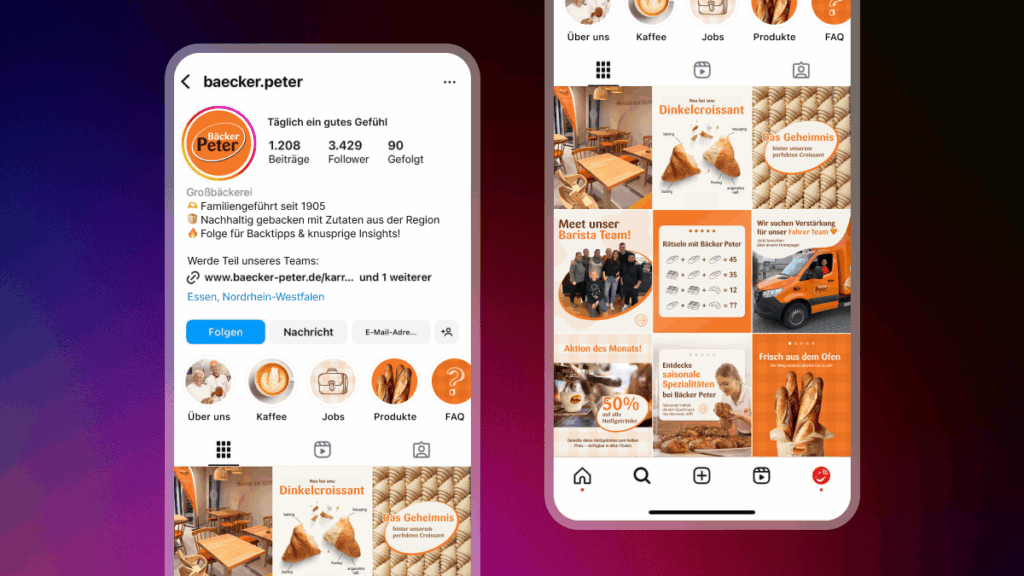 Instagram-Layout von Bäcker Peter in Essen mit hochwertig gestalteten Beiträgen – Beispiel für visuelles Branding und konsistente Content-Qualität im Social Media Marketing